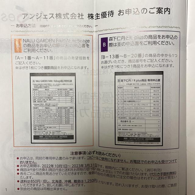 アンジェス 株主優待割引　商品カタログ チケットの優待券/割引券(ショッピング)の商品写真