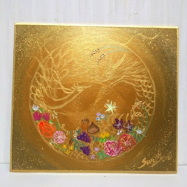 金運上昇額付風水開運画＊煌めく花と実りの幸名月～龍と鳳凰～満月金運　縁結び円満　懇願成就