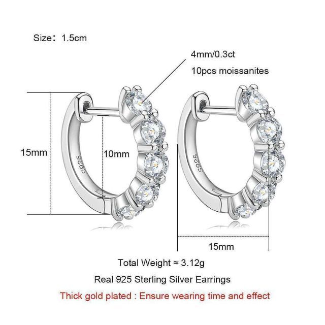 TOTAL 3ct モアサナイト フープピアス（1.5cm）0.3ct×5石