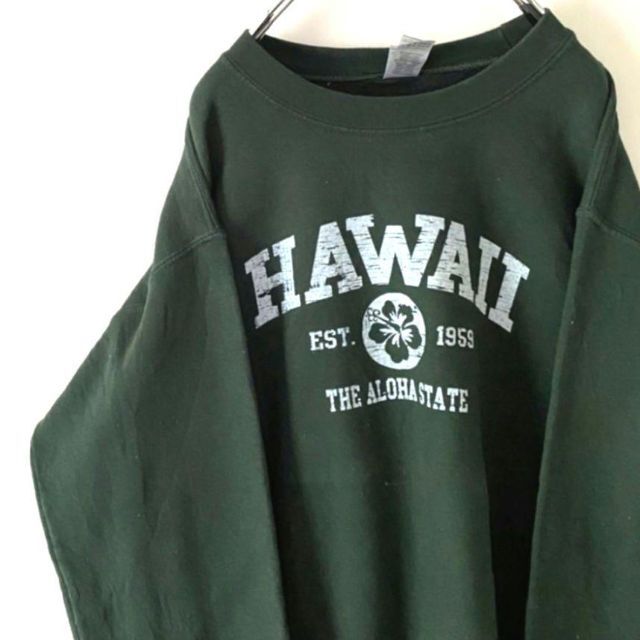 ギルダン HAWAII ハイビスカス スウェット カーキ 緑 グリーン 古着 メンズのトップス(スウェット)の商品写真