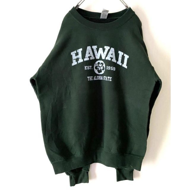 ギルダン HAWAII ハイビスカス スウェット カーキ 緑 グリーン 古着 メンズのトップス(スウェット)の商品写真