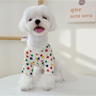 犬服　カラフルハート柄シャツ・ホワイト　小さめＬ　新品　可愛いペット服　匿名配送(犬)