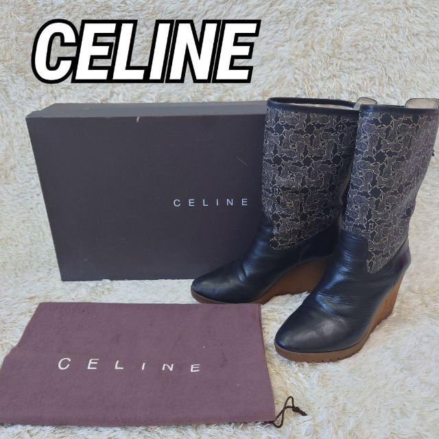 CELINE】美品 スクエアトゥ スエード レザー コンビブーツ www