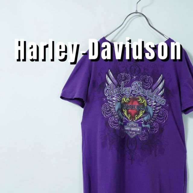Harley Davidson(ハーレーダビッドソン)のハーレーダビッドソン　Tシャツ　紫　プリントTシャツ　古着　半袖 レディースのトップス(Tシャツ(半袖/袖なし))の商品写真