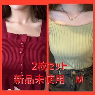 タンクトップ (ワイン) ＆Ｔシャツ＊オフショルダー クロップ トップス 半袖(Tシャツ(半袖/袖なし))