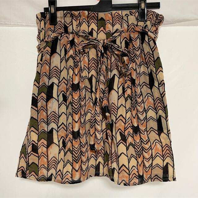 柄スカート ウエストリボン 手描き柄 ハンド 幾何柄 ピンク 秋色 フレア レディースのスカート(ひざ丈スカート)の商品写真