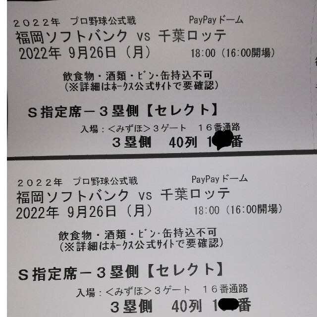 在庫格安 福岡ソフトバンクホークス 9/5(土) ソフトバンク対千葉ロッテ B指定席引換券２枚 ☆駐車券付きの通販 by きぬちゃん's  shop｜フクオカソフトバンクホークスならラクマ