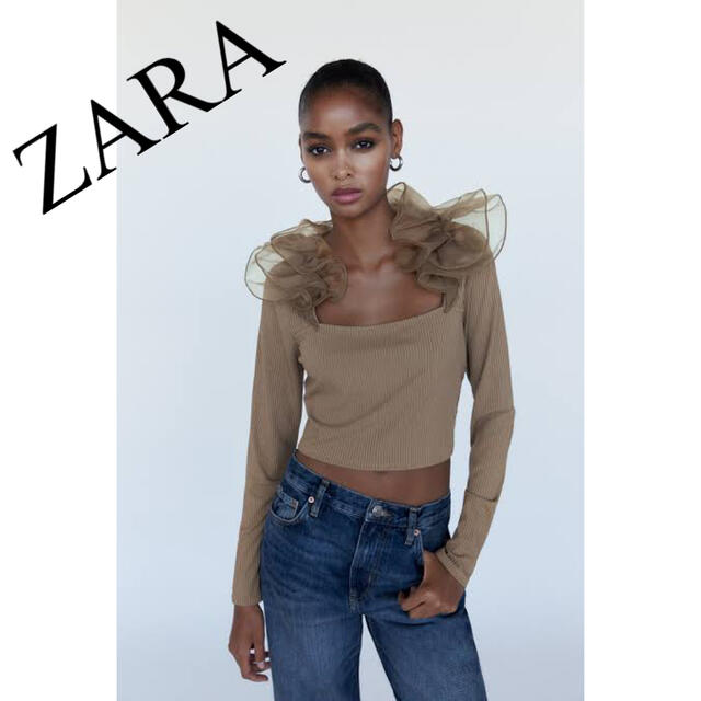 ZARA(ザラ)の美品　ZARA ザラ　トップス　人気　完売　カットソー　キャメル　リブ　フリル レディースのトップス(カットソー(長袖/七分))の商品写真