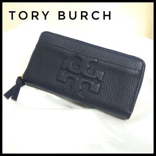 トリーバーチ(Tory Burch)の【美品】トリーバーチ 長財布 ラウンドファスナー レザー ビッグロゴ 総柄 紺(財布)