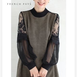 カワイイ(cawaii)のFRENCH PAVE♡cawaii  花レース袖の千鳥格子ワンピースチュニック(ひざ丈ワンピース)