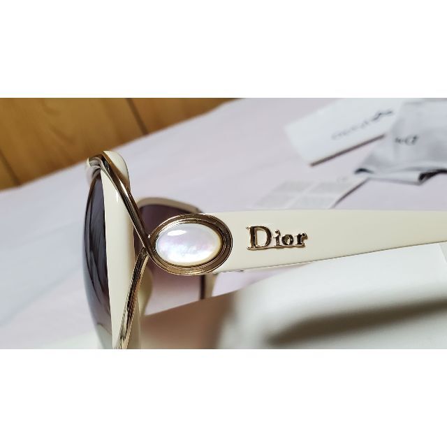 正規良 Dior ロゴ メタルアイライン ジュエリー サングラス 白×茶 付属有