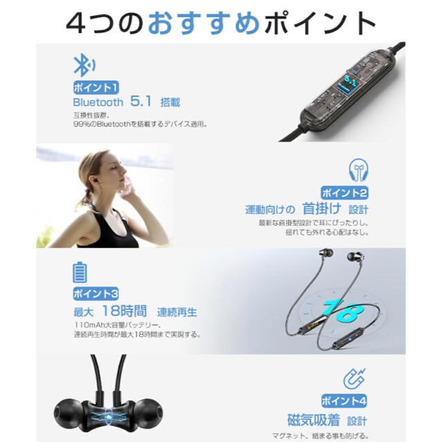 ワイヤレスイヤホン Bluetooth5.1 黒 スマホ/家電/カメラのオーディオ機器(ヘッドフォン/イヤフォン)の商品写真