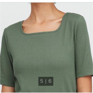 ユニクロ(UNIQLO)の未使用UNIQLO リブスクエアネックTシャツ(5分袖) Lサイズ GREEN(カットソー(長袖/七分))