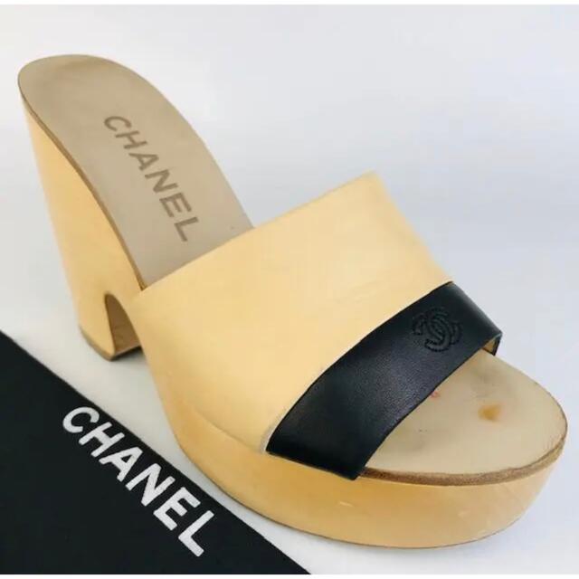 良品★CHANEL・レザー ココマークデザイン ウッド 厚底 サンダル(35)