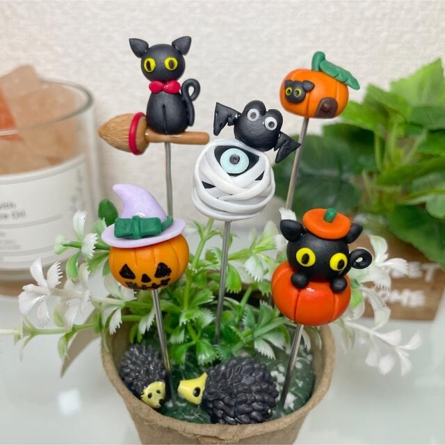 ほうきガーデンピック　ハンドメイド　黒猫ハロウィンピック　多肉植物