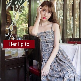 ハーリップトゥ(Her lip to)の美品　ハーリップトゥ　イタリアンコットンチェックワンピース　ロング　リボン　S(ロングワンピース/マキシワンピース)