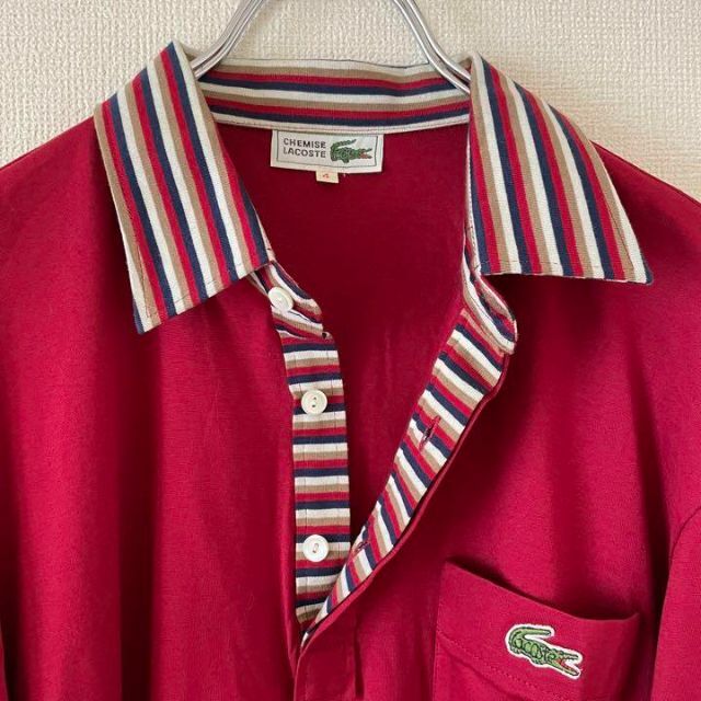 LACOSTE(ラコステ)の【美品】LACOSTE　ボルドー長袖ポロシャツ＊襟　マルチストライプ　サイズ4 メンズのトップス(ポロシャツ)の商品写真