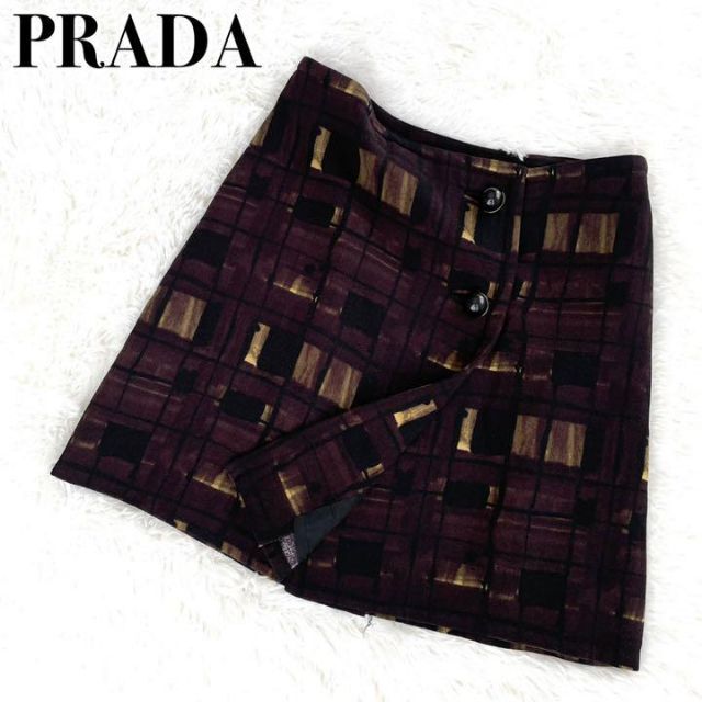 最高級『PRADA』デザイン ウール ラップ スカート シルバーボタン