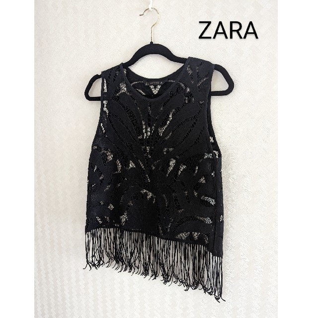 ZARA(ザラ)のZARA ザラ レース　ベスト　タンクトップ　ジレ　黒色　ブラック　美品　トップ レディースのトップス(ベスト/ジレ)の商品写真