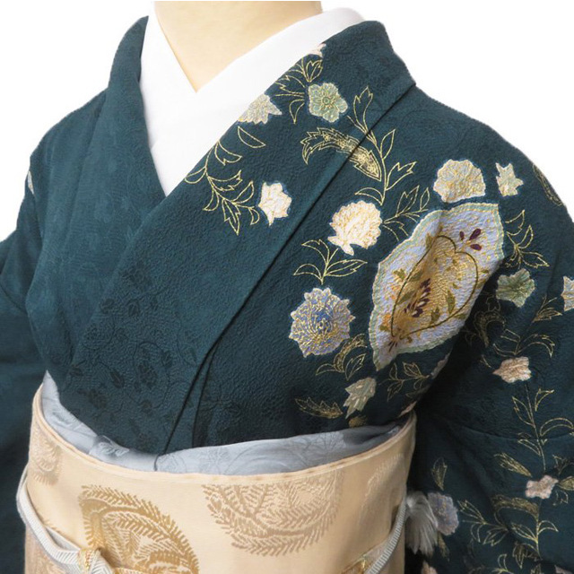 花模様 絞り 地模様 金駒刺繍 着物 訪問着 A764-11 M 花模様 絞り 地模様 金駒刺繍 着物 訪問着 A764-11 M