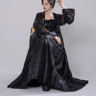 麒麟蝙蝠　黒色ロングスカート　黒織黒　織錦西陣織　中国伝統衣装　明製漢服　成人式
