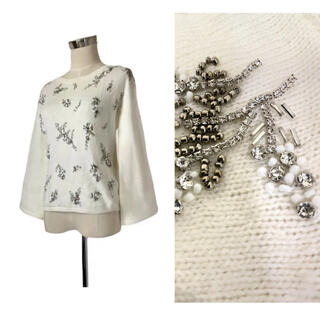 アッシュペーフランス(H.P.FRANCE)のNY購入 イタリアブランド 白×シルバービジュー装飾カシミア混ニット(ニット/セーター)