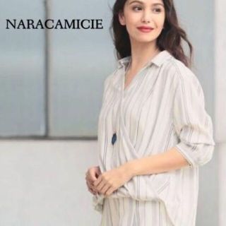 ナラカミーチェ(NARACAMICIE)のさっと羽織ってすぐキマる♪　ストライプ七分袖カシュクール風シャツ　3　ホワイト(シャツ/ブラウス(長袖/七分))