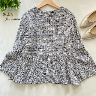 シップスフォーウィメン(SHIPS for women)の美品♪日本製♪ツイードペプラムプルオーバー ブルー M シップス SHIPS(シャツ/ブラウス(長袖/七分))