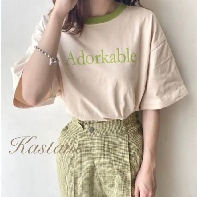 Kastane(カスタネ)の新品 Kastane リンガーフロッキーロゴTシャツ レディースのトップス(Tシャツ(半袖/袖なし))の商品写真