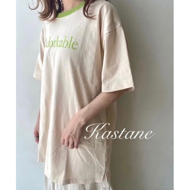 Kastane(カスタネ)の新品 Kastane リンガーフロッキーロゴTシャツ レディースのトップス(Tシャツ(半袖/袖なし))の商品写真