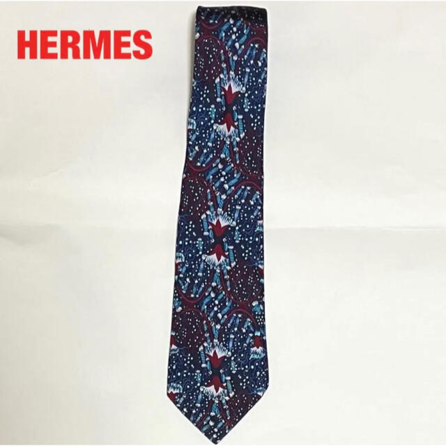 HERMES エルメス 総柄ネクタイ 個性的 フランス製 ロゴデザイン