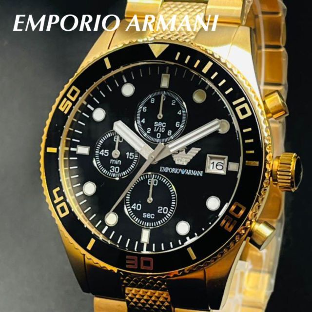 Emporio Armani(エンポリオアルマーニ)の【新品未使用】アルマーニ/男性腕時計/クロノグラフ/ゴールド×ブラック. メンズの時計(腕時計(アナログ))の商品写真