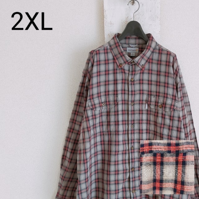 カーハート ネルシャツ チェック柄 グレー 2XL ダブルポケット ビッグ