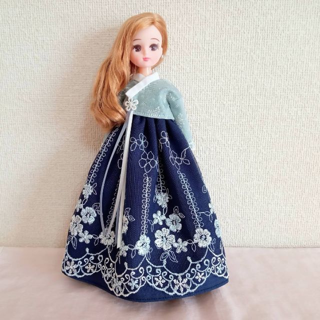 ハンドメイド「モダン チマチョゴリ 2点セット 紺」ネオブライス・リカちゃんの服