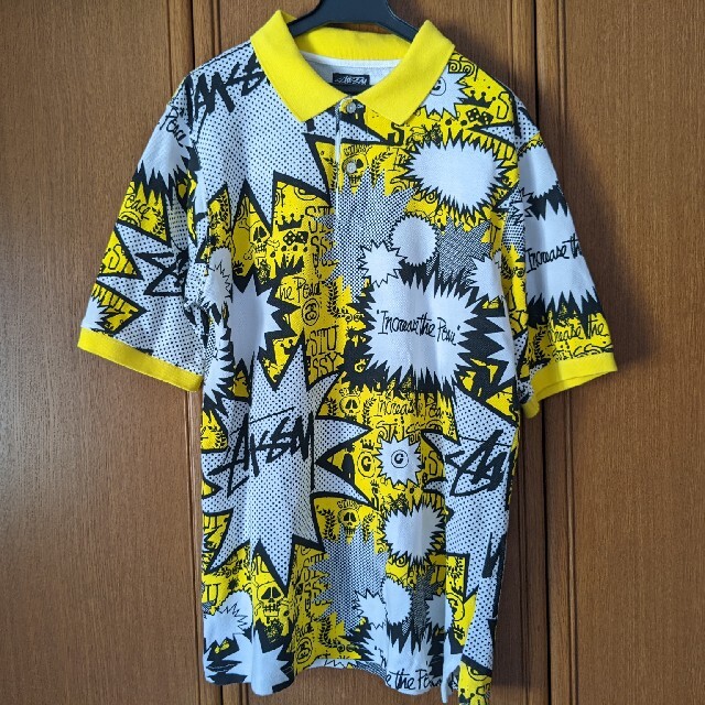 STUSSY - STUSSY 半袖ポロシャツ 黄色 黒色 白色 総柄 Mサイズ STUSSY - STUSSY 半袖ポロシャツ 黄色 黒色 白色 総柄 Mサイズ