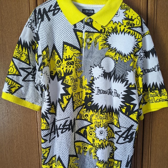 STUSSY - STUSSY 半袖ポロシャツ 黄色 黒色 白色 総柄 Mサイズ STUSSY - STUSSY 半袖ポロシャツ 黄色 黒色 白色 総柄 Mサイズ