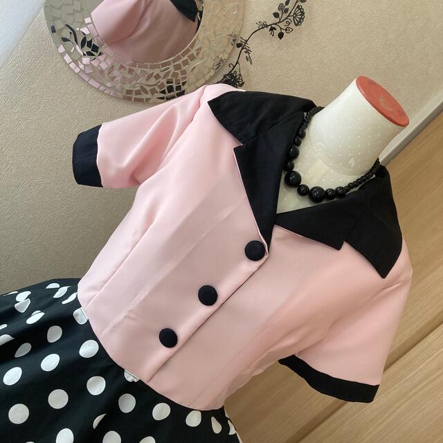 黒白ドット ピンクのボーリングシャツ風 サーキュラーワンピース