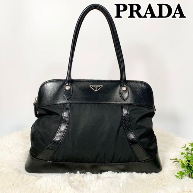 PRADA プラダ ハンドバッグ 黒 ナイロン レザー 肩掛け 三角プレートブラック素材