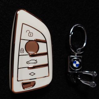 ホワイト ＆ ゴールド BMW キーケース ＆ キーホルダー セット(車内アクセサリ)