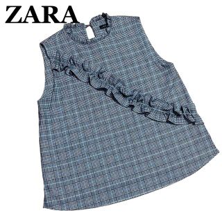 ザラ(ZARA)の【即日発送】ZARA ノースリーブ グレンチェック 青×黒 フリル(シャツ/ブラウス(半袖/袖なし))