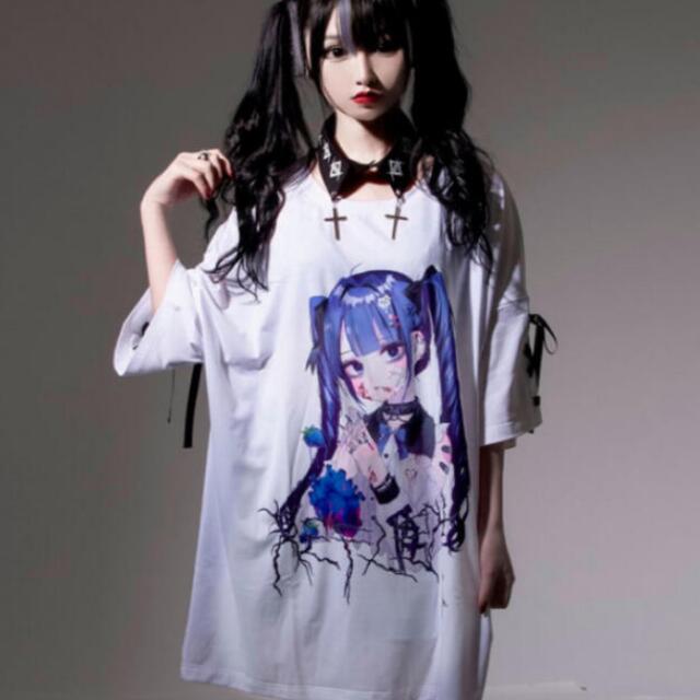 REFLEM レフレム negiコラボ青髪少女袖レースアップデザイン Tシャツ