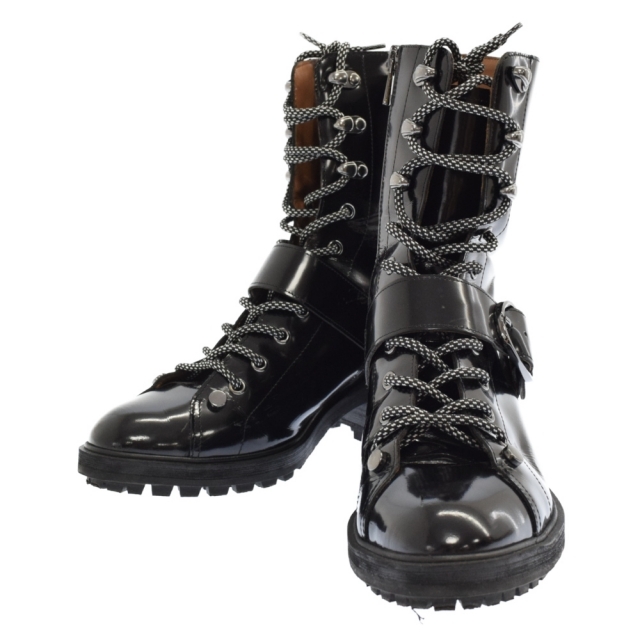 Emporio Armani(エンポリオアルマーニ)のEMPORIO ARMANI エンポリオアルマーニ LEATHER ANKLE BOOTS X3N150 XF479 レザーアンクルブーツ ベルテッドレースアップパテントレザーブーツ レディース レディースの靴/シューズ(ブーツ)の商品写真