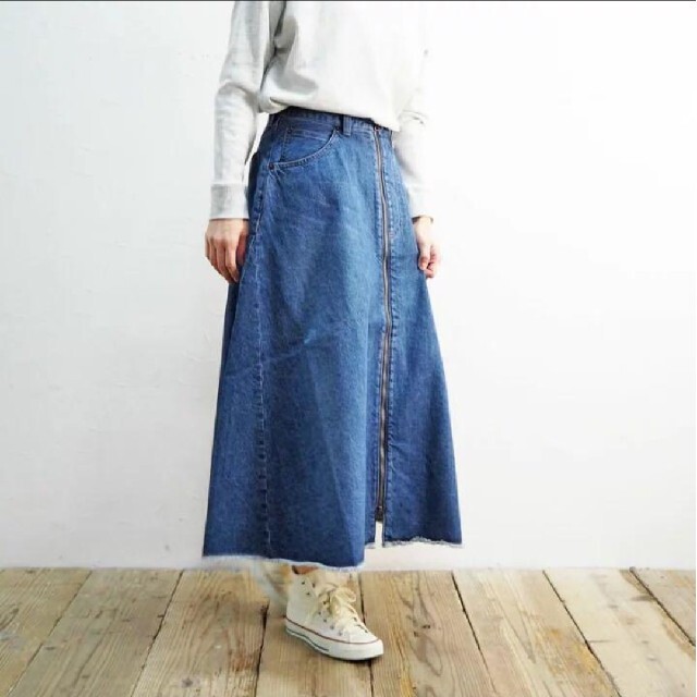 ジョンブル 日本製 デニムリメイクフレアスカート ブルー Lサイズ ロング丈