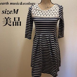 アースミュージックアンドエコロジー(earth music & ecology)の美品★earthmusic&ecology★ボーダープリーツフレアワンピース★M(ひざ丈ワンピース)