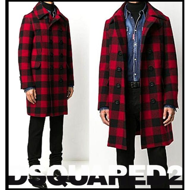 新品 DSQUARED2 デニム袖付/13スター釦内ボアチェックロングPコート