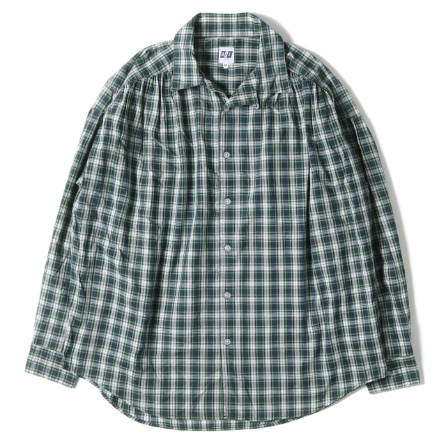 AiE エーアイイ シャツ ギャザー ペインター マドラス チェック 柄 コットン オープンカラーシャツ PAINTER SHIRT 18SS グリーン ネイビー ホワイト M トップス 長袖シャツ カジュアル【メンズ】