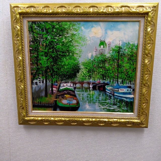 肉質油絵　横　F10　ヨーロッパ　運河　緑の木々　額装仕上げ品美術品/アンティーク