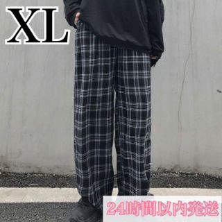 【XL】ワイドパンツ チェック サルエル ストレート パンツ ユニセックス 黒(サルエルパンツ)