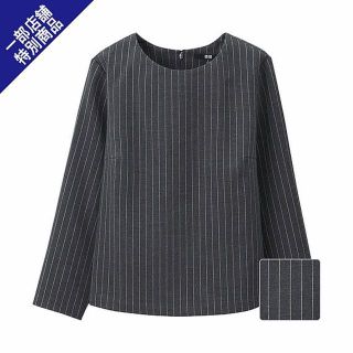 ユニクロ(UNIQLO)の美品 ユニクロ　Tブラウス 8部袖　グレーストライプ M(シャツ/ブラウス(長袖/七分))