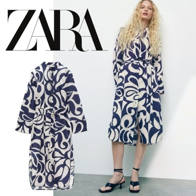 ZARA(ザラ)のZARA 綿100　プリントシャツワンピース　羽織りにも 2022購入品 レディースのワンピース(ロングワンピース/マキシワンピース)の商品写真